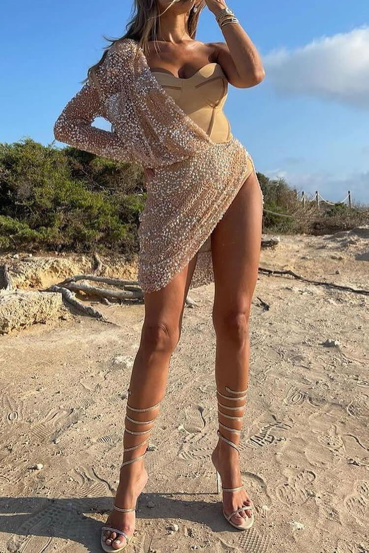 Asymmetrical One Shoulder Draped Ruched Bodysuit Sequin Party Mini Dress - Fashionpara