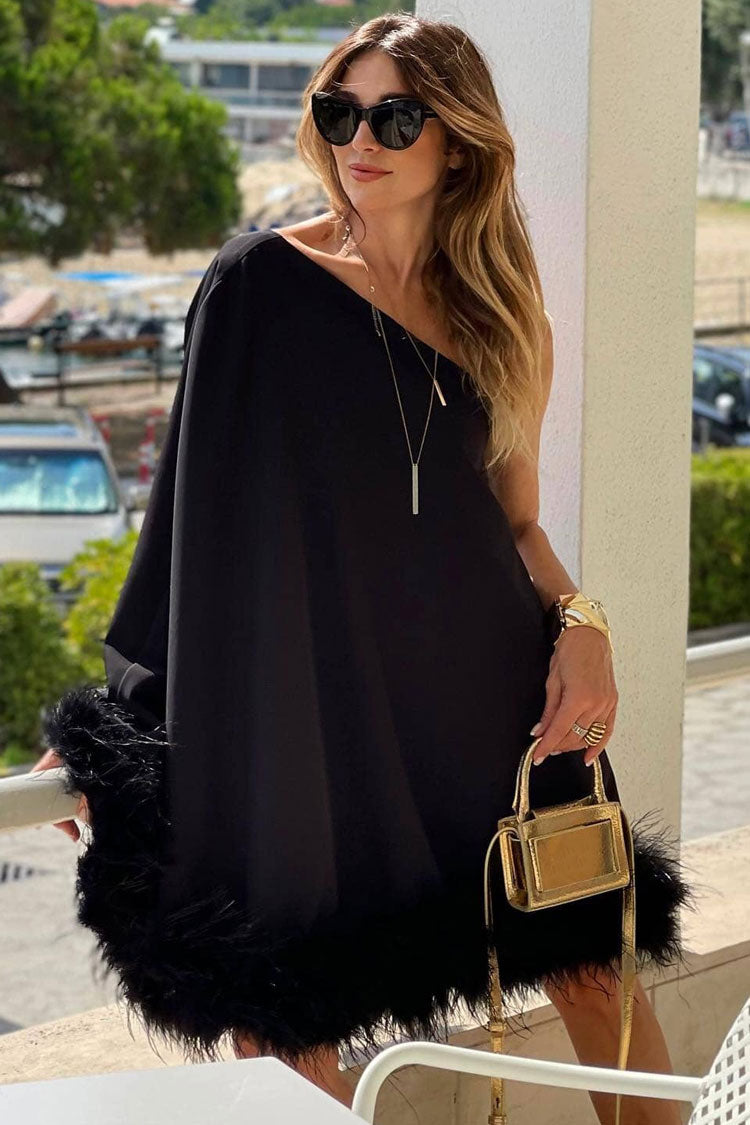 Asymmetrical One Shoulder Feather Trim A Line Party Mini Dress - Black - Fashionpara