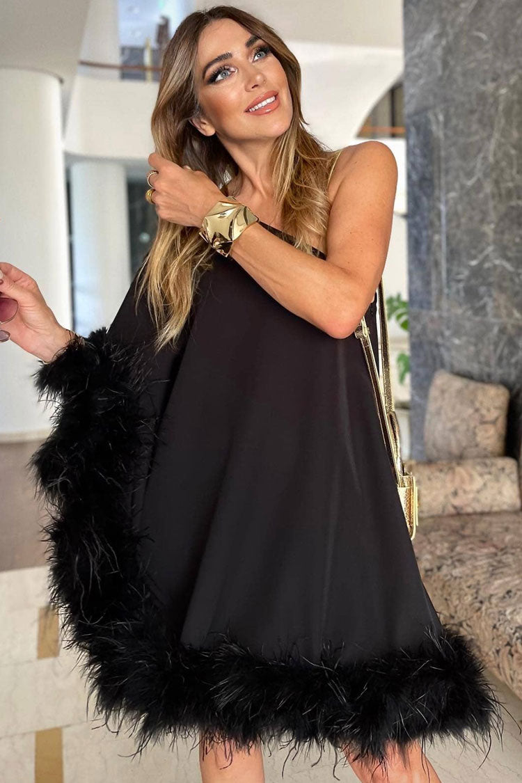 Asymmetrical One Shoulder Feather Trim A Line Party Mini Dress - Black - Fashionpara