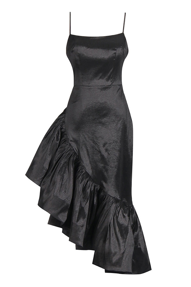 Asymmetrical Ruffle Square Neck Sleeveless Satin Cocktail Party Midi Dress - Fashionpara