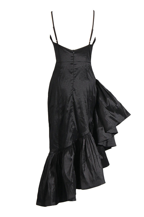 Asymmetrical Ruffle Square Neck Sleeveless Satin Cocktail Party Midi Dress - Fashionpara