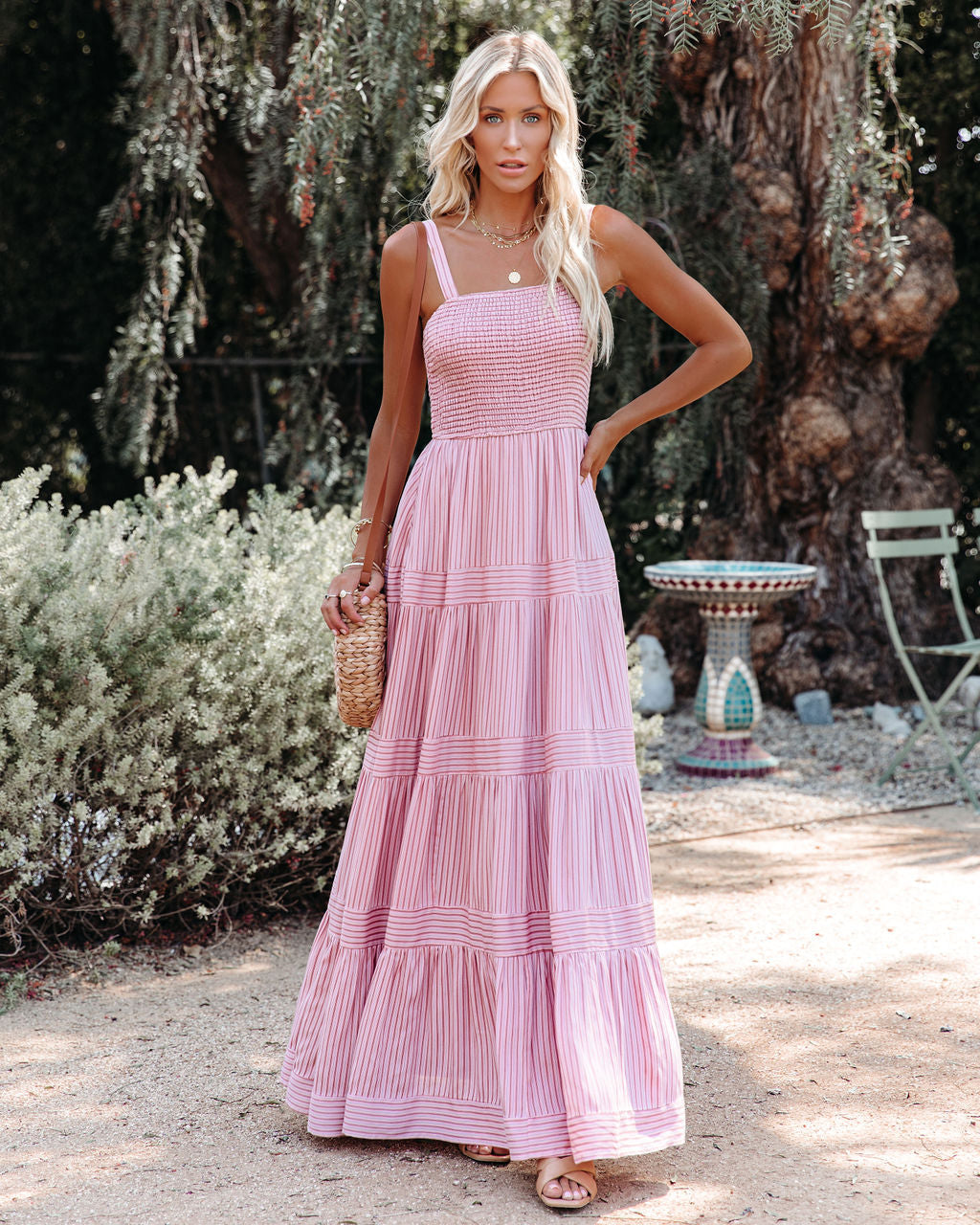 At Sea Cotton Blend Smocked Maxi Dress Pink