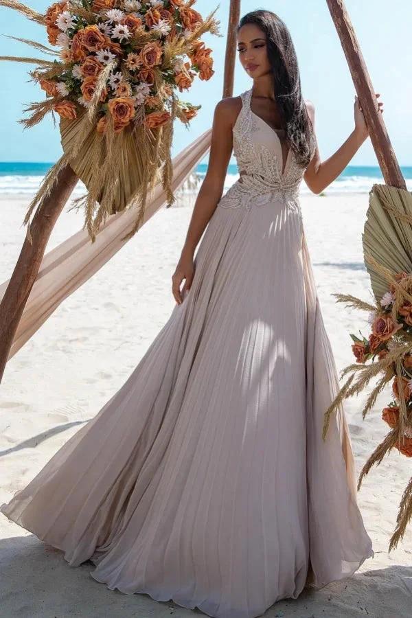 Attractive Long A-line V-neck Lace Beading Sleeveless Beach Wedding Dress (ZD15543)