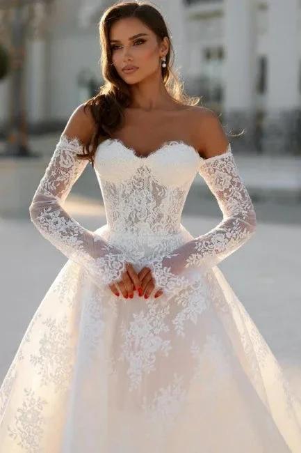 Attractive Long White A-line Off-the-shoulder Lace Wedding Dress with Long Sleeves (ZD16660)