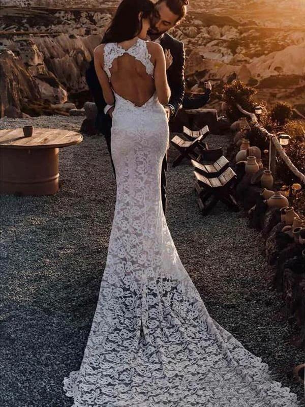 Awesome Lace Open Back Beach Mermaid Elegant Wedding Dresses (ZD16584)