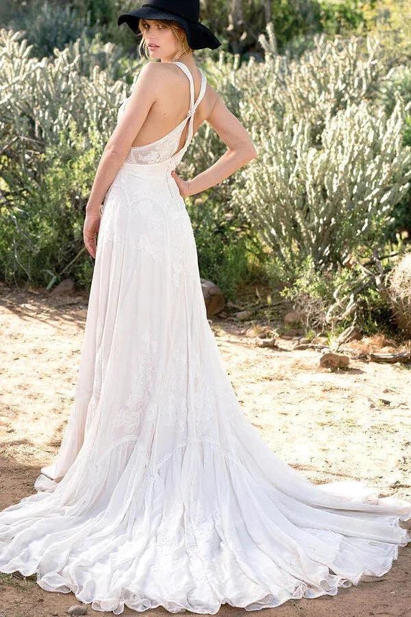 Awesome Long A-line V-neck Lace Chiffon Open Back Wedding Dress (ZD14370)