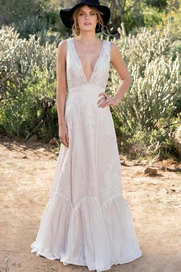 Awesome Long A-line V-neck Lace Chiffon Open Back Wedding Dress (ZD14370)