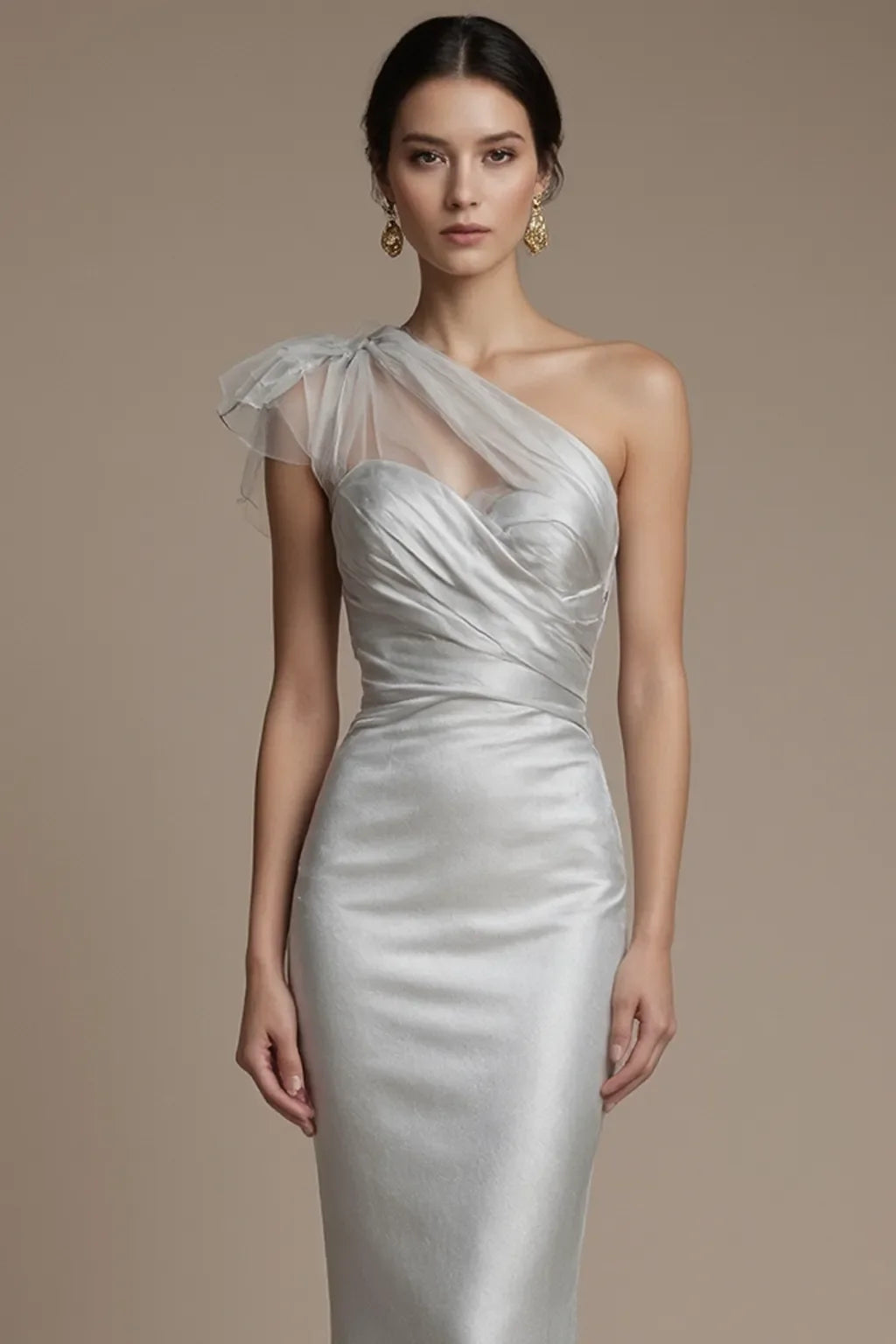 Evening Ball Silver Gray Dress One Shoulder Glitter Pleated Maxi Dress