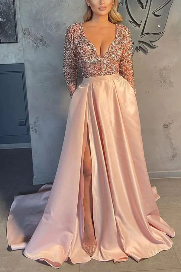 Gorgeous Long Sleeves V-Neck Sequins Satin Prom Dress - View 8 | VelvetHem