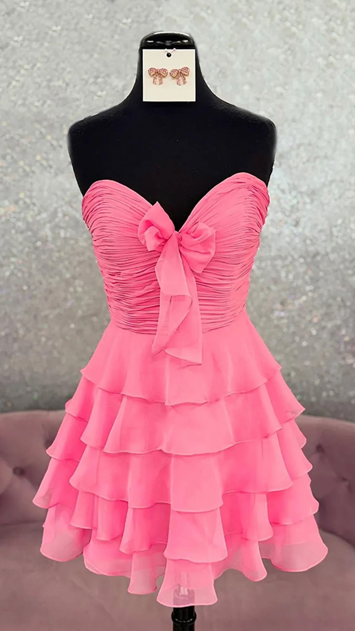 Chiffon Ruffles Sweetheart Pink Homecoming Dress With Bow J7839