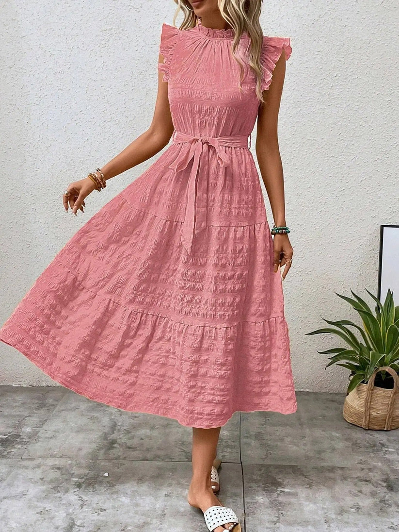 Evelyn Luxe Dress with Belt and Ruffles Elevated Occasion Wear