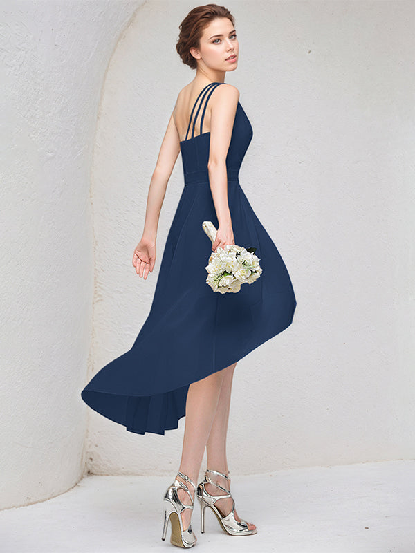 Dark Navy A Line One Shoulder Sleeveless Asymmetrical Chiffon Bridesmaid Dress