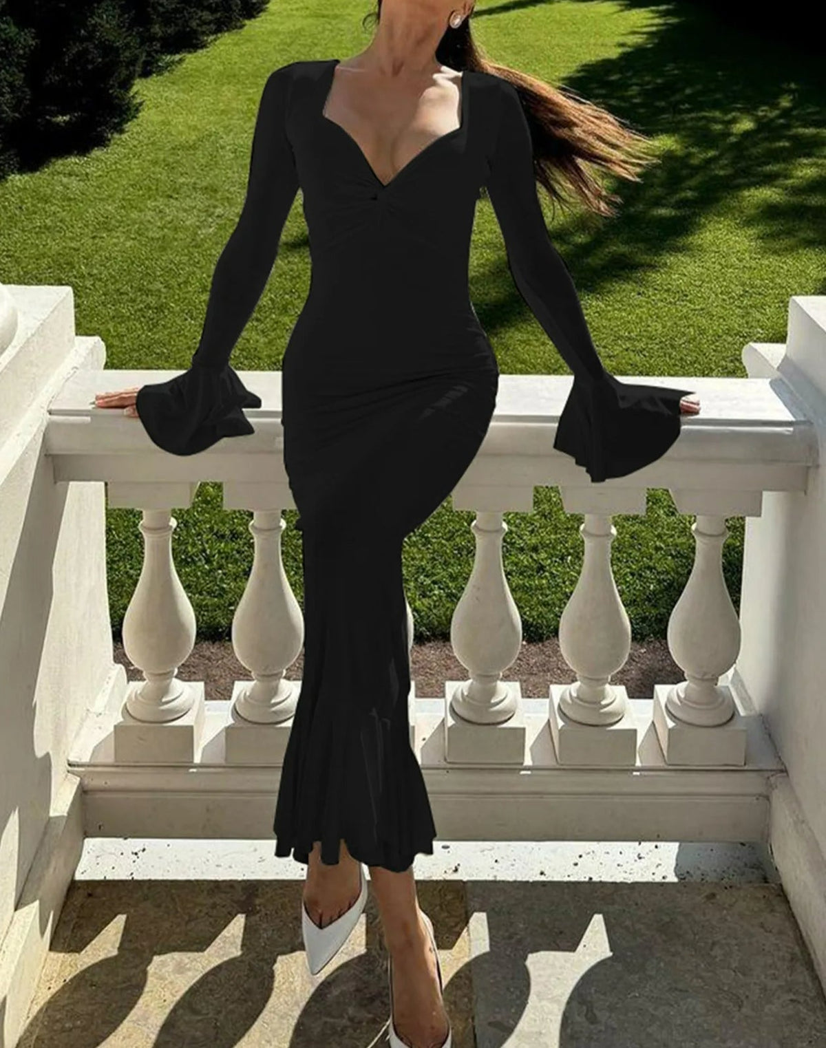 Flare Sleeve Ruched Ruffle Maxi Dress - View 3 | VelvetHem