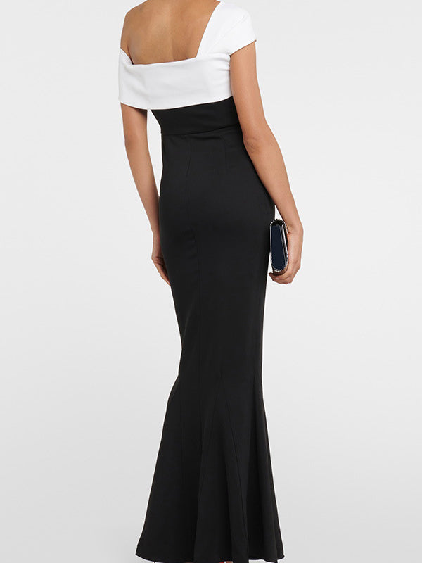 Short Sleeves Skinny Contrast Color Split-Joint One-Shoulder Evening Dresses Maxi Dresses - View 2 | VelvetHem