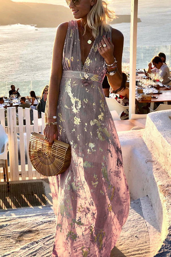 Jovita Aesthetic Long Dress with V Neck and Gold Sequins Chic Silhouette Collection