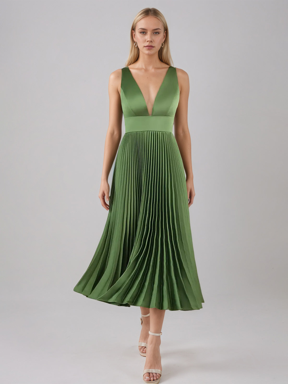 Olive Green A Line Satin V Neck Sleeveless Tea Length Dress