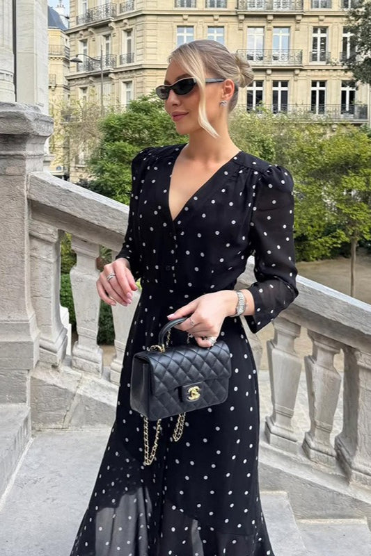 Polka Dot Print V-Neck Long Sleeve Maxi Dress - VelvetHem