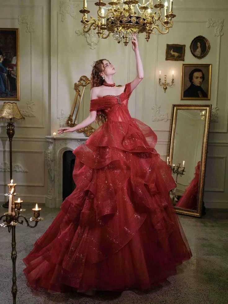 Fairy Off-Shoulder A-Line Red Evening Dress, Sparkling Dress Ball Gown Wedding Dress Y7676 by simplepromdress