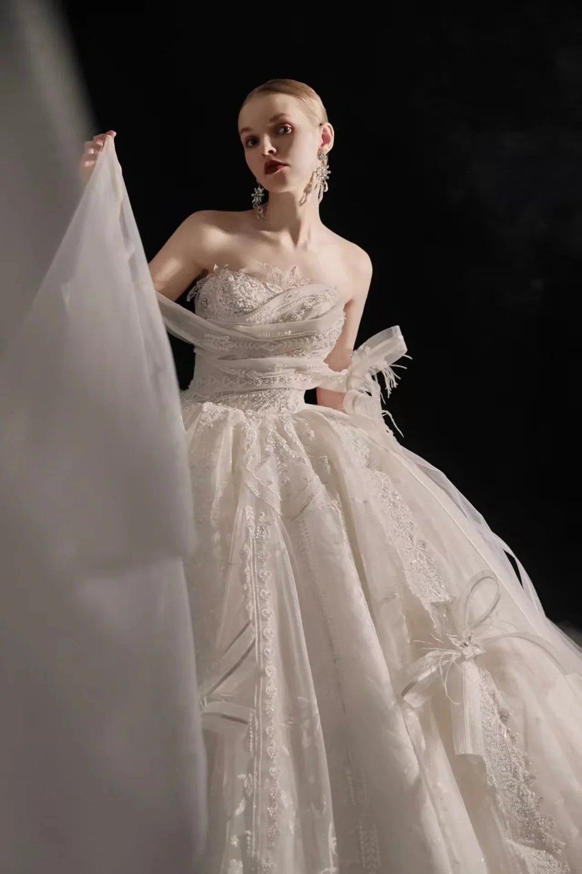 Romantic Strapless Ball Gown Tulle Ribbon Embellished Lace Wedding Dress with Voluminous Skirt (ZD16901)
