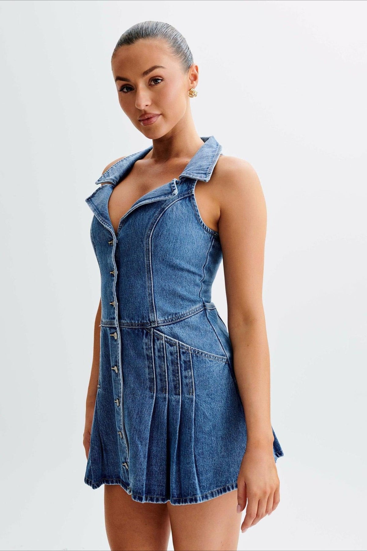 Sleeveless Halter Denim Dress - View 2 | VelvetHem