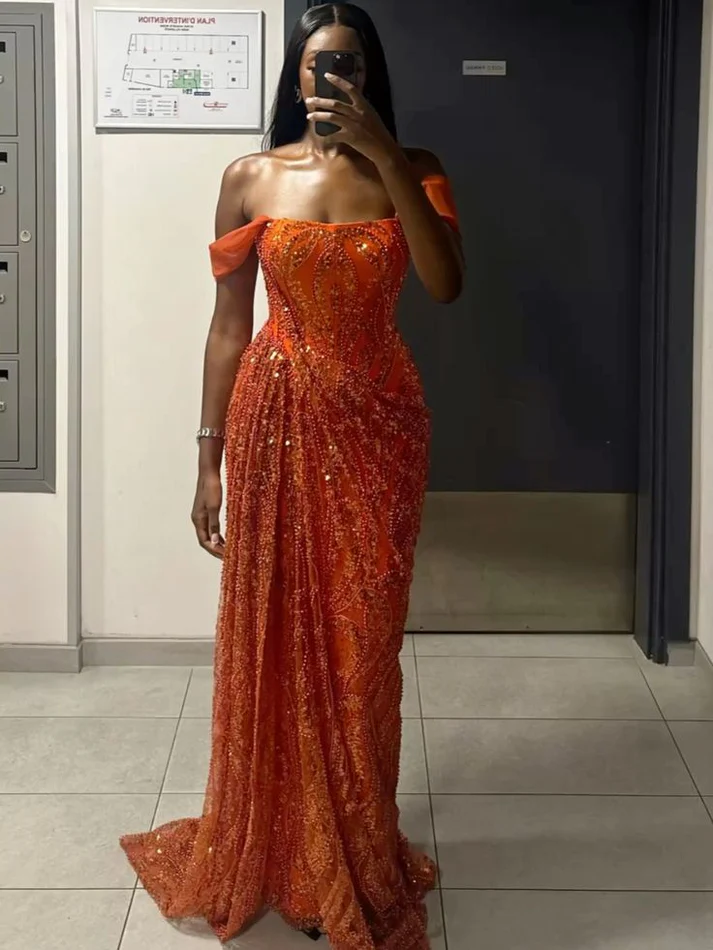 Classy A-Line Off-the-Shoulder Sequin Long Prom Dresses Formal Gown Summer Wedding Guest Dresses Wedding Guest Outfit - FashionDia
