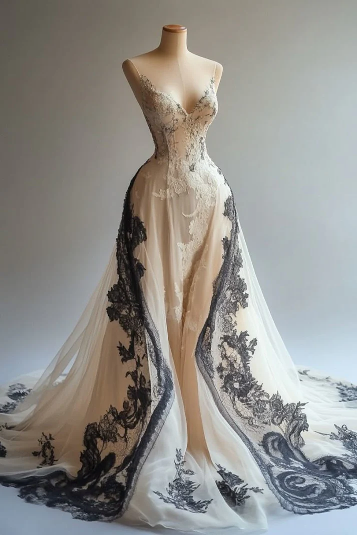 A-Line Spaghetti Strap Lace Appliques Ivory Chiffon Prom Dress Graduation Prom Dress - FashionDia
