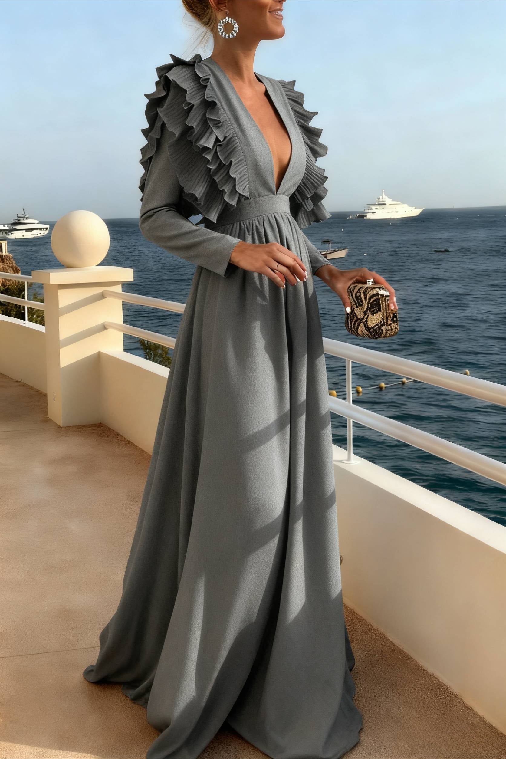 V Neck Ruffled High Waist Dress