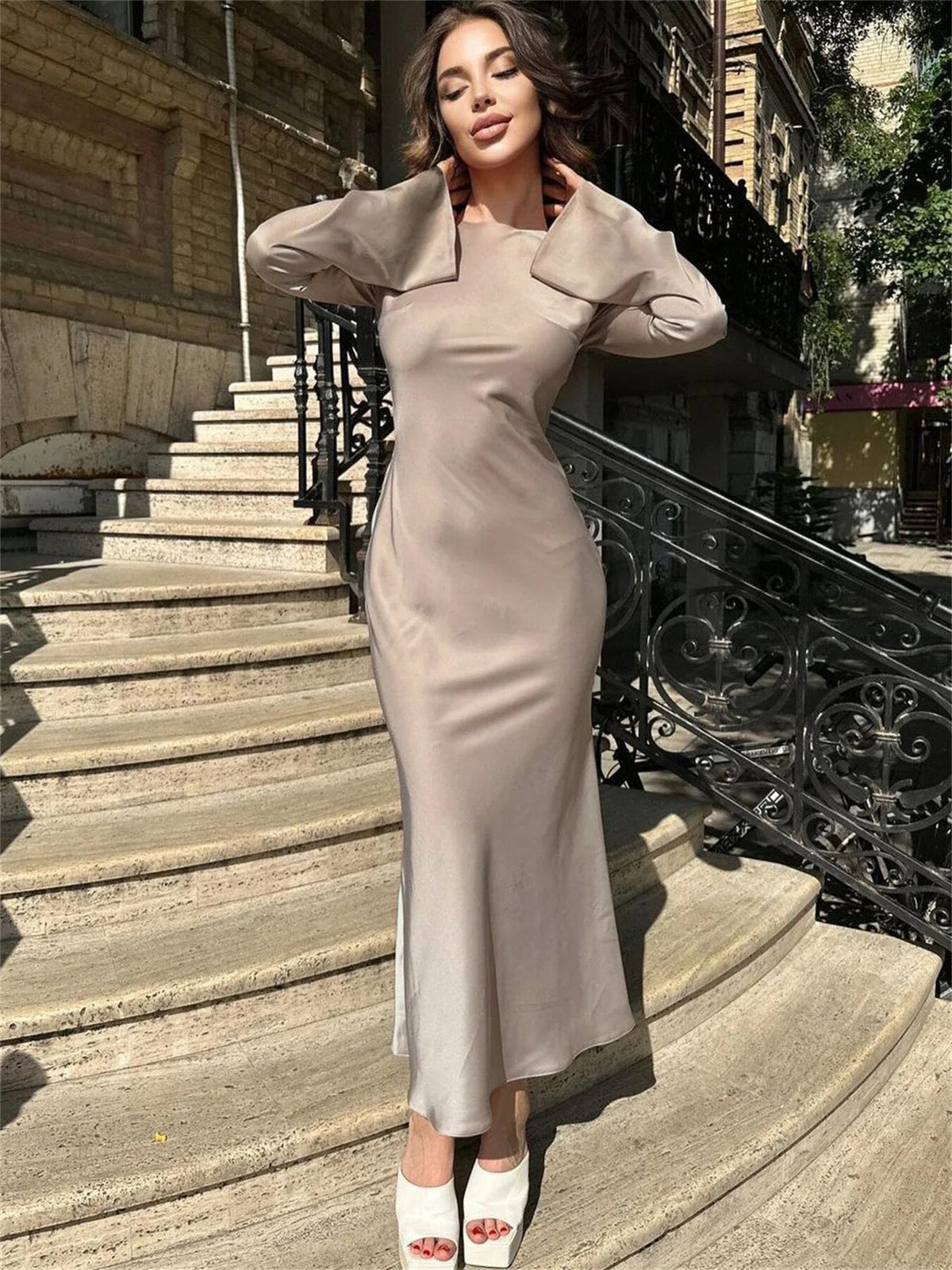 TARUXY Stain Slim Maxi Dresses For Women Elegant Solid Party Evening Dress Women's High Waist Luxury Femme Autumn Fashion Dress - View 3 | VelvetHem