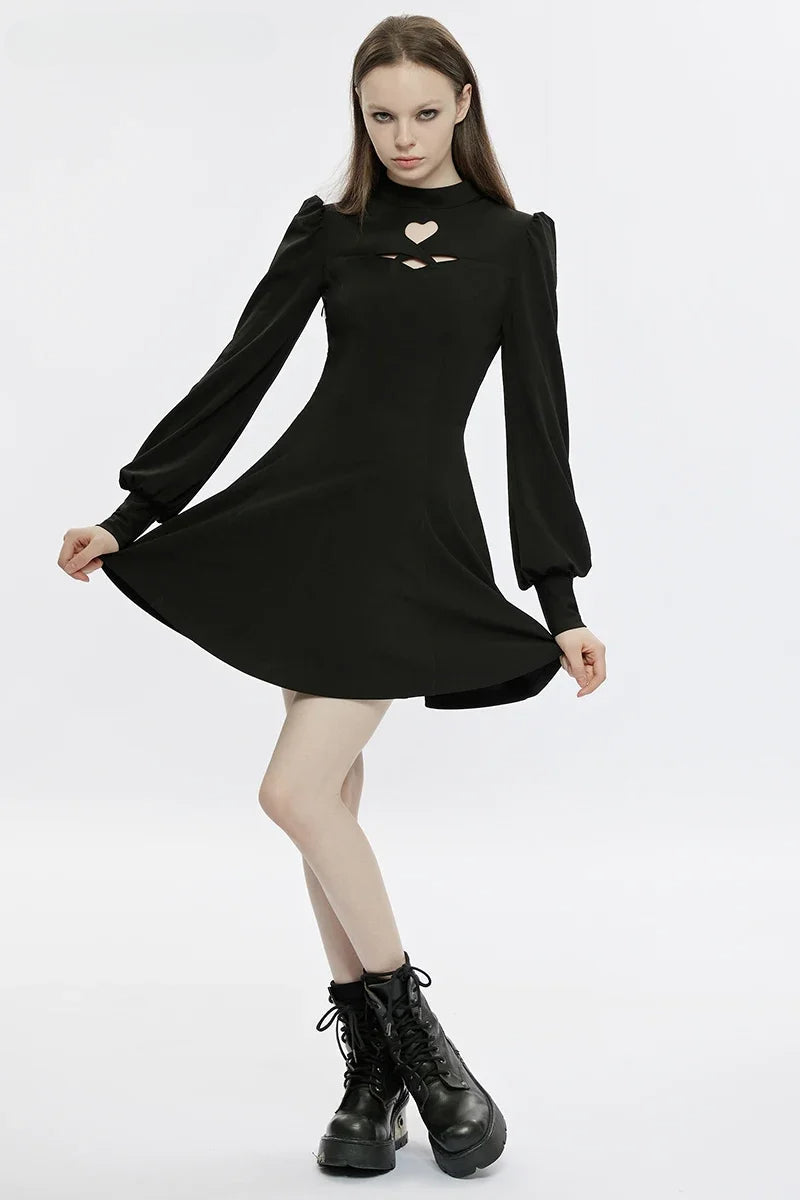 Gothic Heart shaped Puff Sleeves Sexy Black Dress