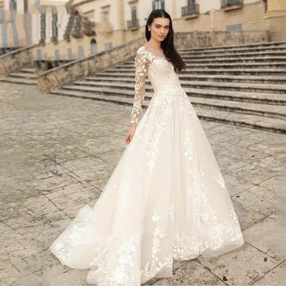 Elegant Round Neck Wedding Dresses 2023 Lace Long Sleeve Decal A-line Fashion Women's Bridal Dress Robe Back Strap Design De by payinti