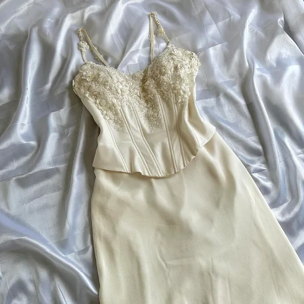 Spaghetti Straps Beige Long Prom Dress Beaded Flower Birthday Dress