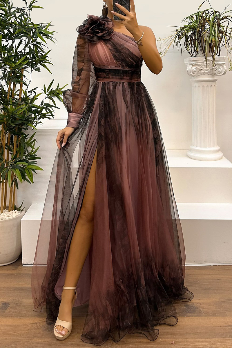 Sexy Prom Floral Print Slit Mesh Flower Shape Sloping Shoulder Evening Dresses(6 Colors) - VelvetHem