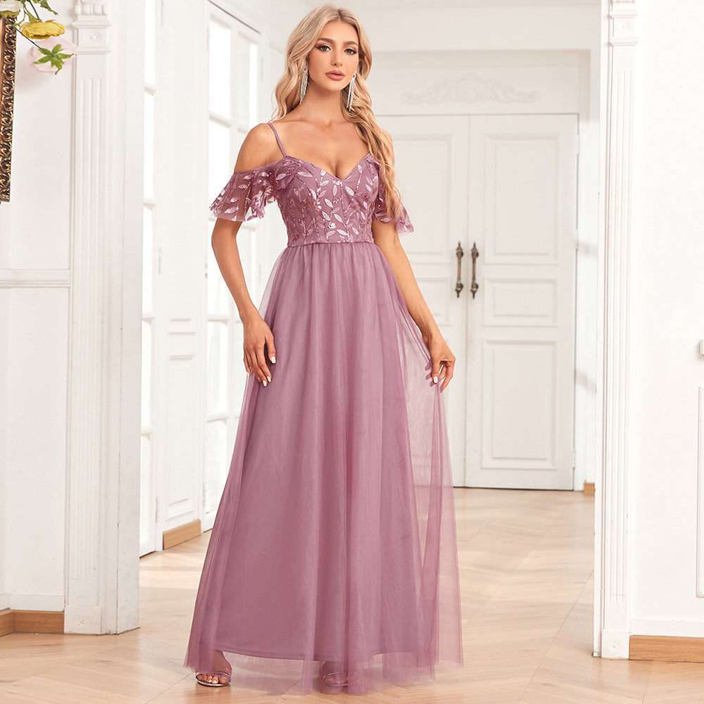 Women Elegant Off The Shoulder Strap Sleeve Double V Neck Tulle Stitching Embroidered Sequ A Swing Long Party Evening Dress - View 2 | VelvetHem
