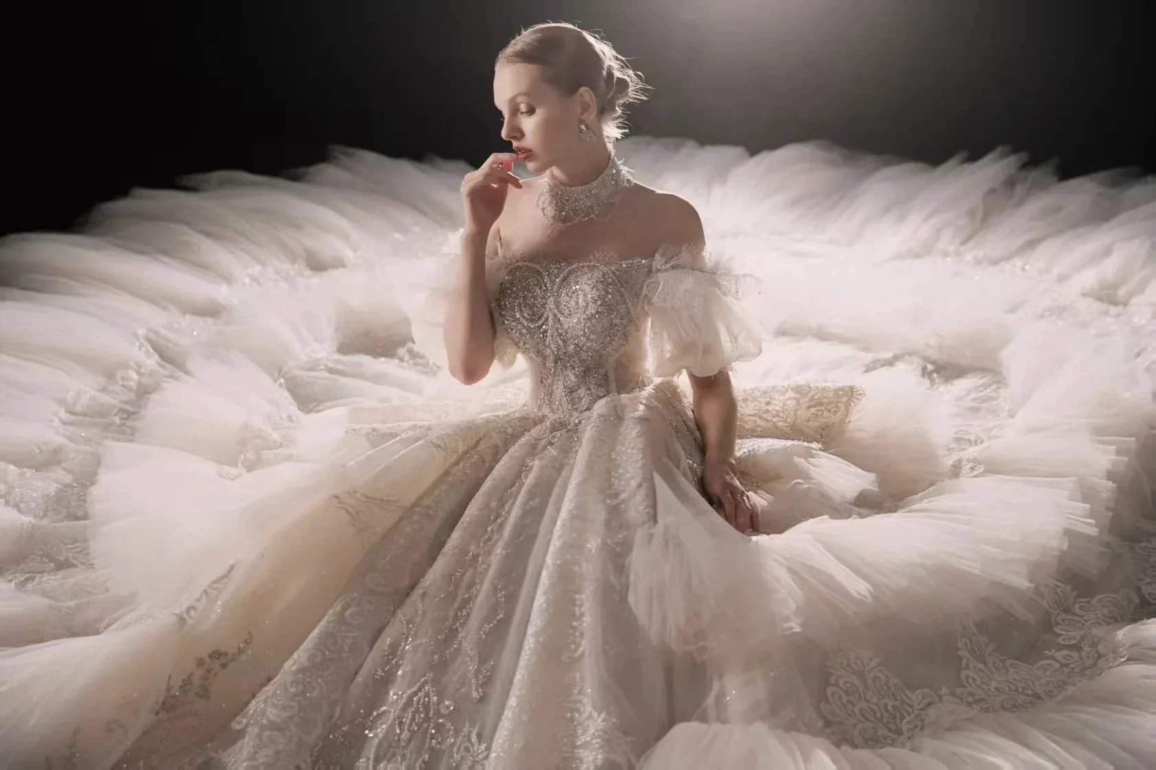 Opulent Off-the-Shoulder Ball Gown Tulle Puff Sleeve Beaded Lace Wedding Dress with Layered Ruffled Train & Choker (ZD16899)