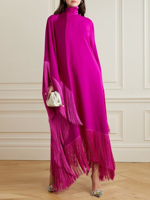 Batwing Sleeves Loose Solid Color Split-Joint Tasseled High Neck Evening Dresses Maxi Dresses - VelvetHem