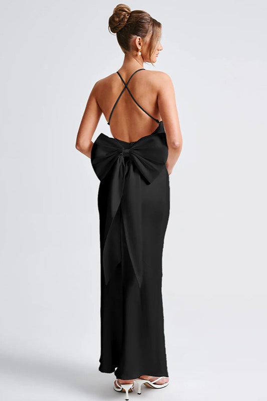 Satin Maxi Dress with Bow Detail Silk Dress - View 4 | VelvetHem