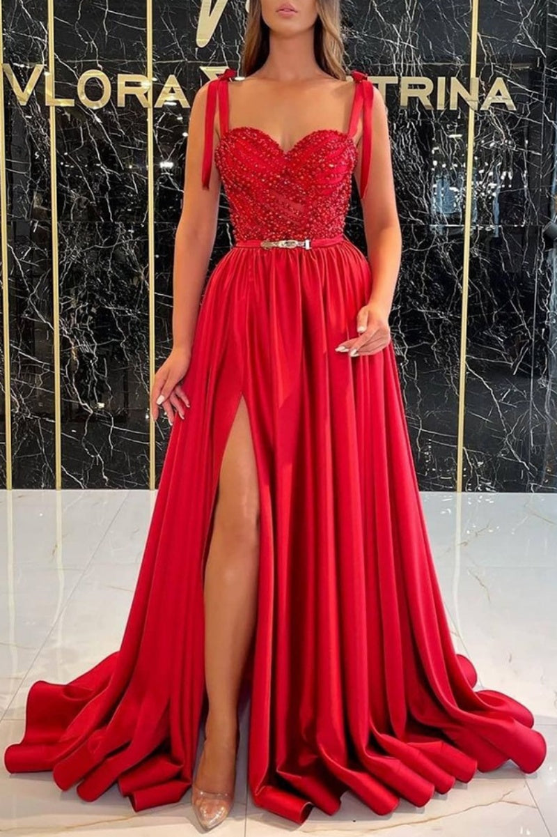 Sexy Formal Patchwork Frenulum Backless Slit Spaghetti Strap Evening Dress (Without Belt) - VelvetHem