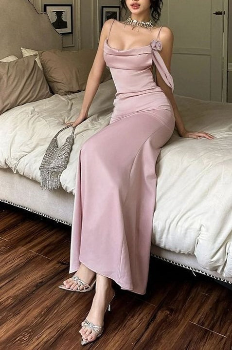 Asymmetrical Neck Satin Cowl Mermaid Gown Silk Dress - View 3 | VelvetHem