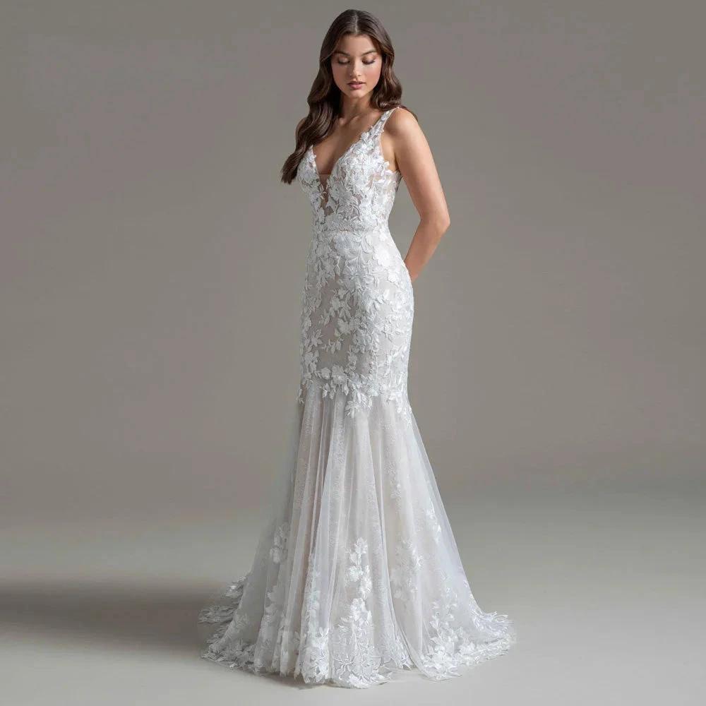 Charming Trumpet Wedding Dresses Sleeveless Scoop Pleat Appliques Bridal Gown Vestido De Casamento Customised For Women by payinti