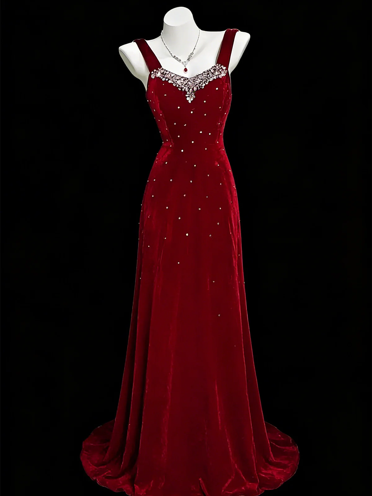 Wine Red Beaded A-line Velvet Straps Prom Dress, Wine Red Velvet Party Dress - FashionDia
