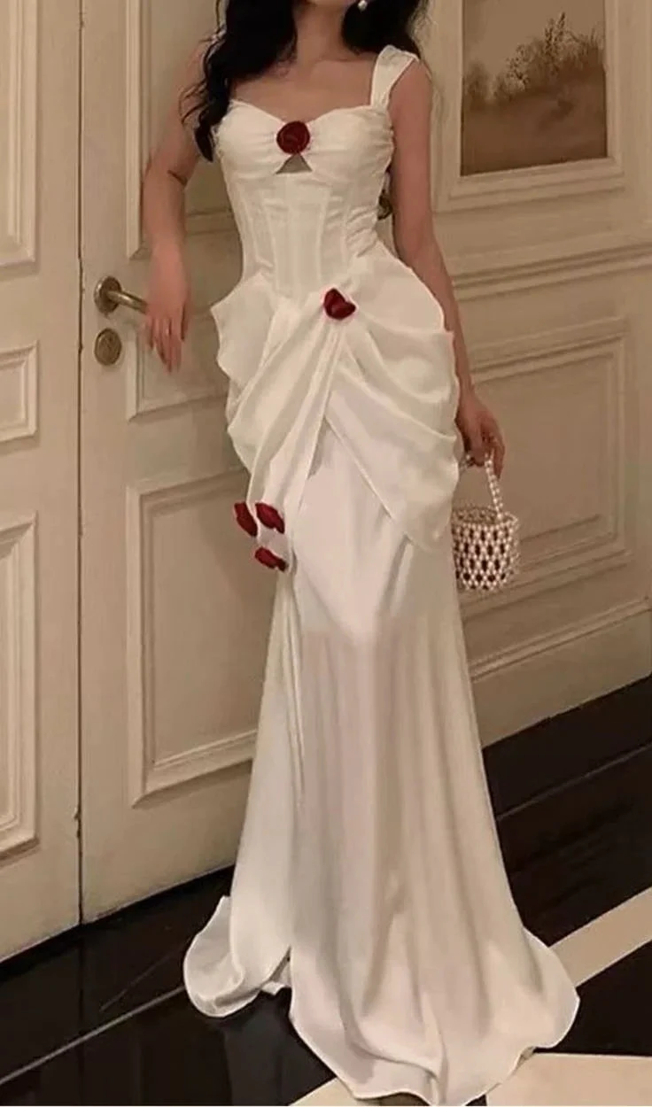 Elegant White Satin Flowers Evening Dress Long Prom Dress Wedding Dress Y7461 by simplepromdress