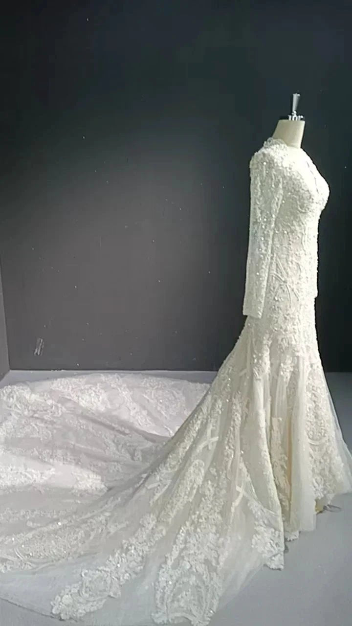 V-neck long sleeved luxurious nail bead trailing bridal veil (ZD16770)