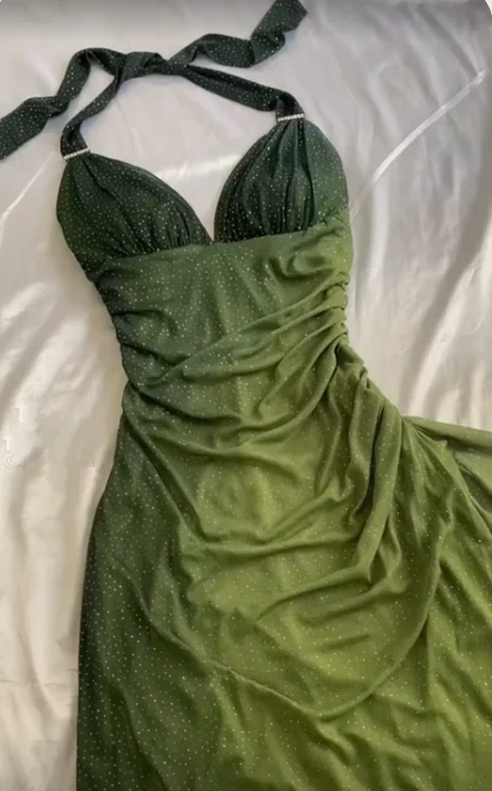 Sexy Halter Ombre Green V Neck Chiffon Long Prom Dress Party Evening Gown Y7484 - View 4 | VelvetHem