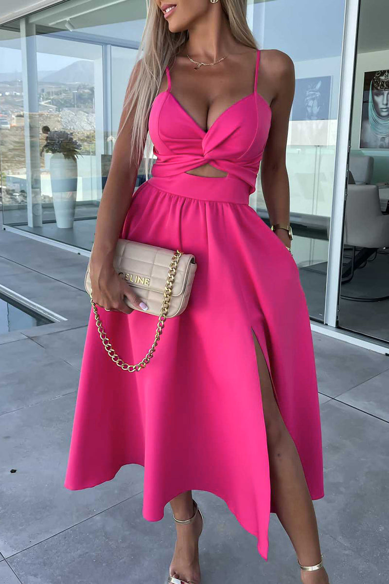 Sexy Celebrities Solid Hollowed Out Pocket Slit V Neck Evening Dress Dresses - VelvetHem