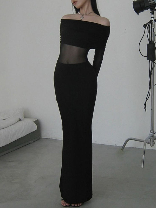Long Sleeves Skinny Pleated See-Through Solid Color Split-Joint Off-The-Shoulder Evening Dresses Maxi Dresses - VelvetHem