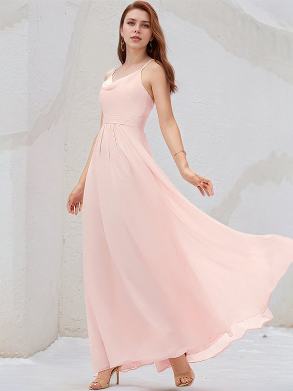 Blushing Pink A-Line Cowl Floor-Length Chiffon Bridesmaid Dress
