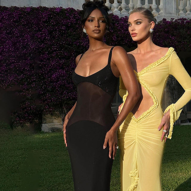 2024 Spring Solid Color Long Sleeve Mesh See Through Low Cut Sexy Floor Tassel Evening Dress - View 5 | VelvetHem
