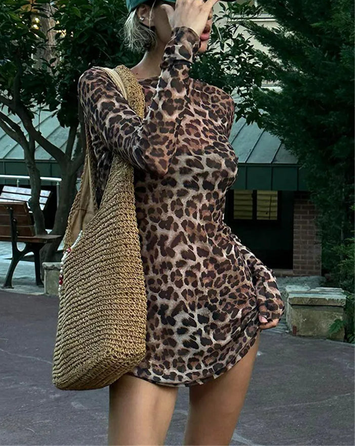 Leopard Two Piece Mesh See Through Mini Dress - View 2 | VelvetHem