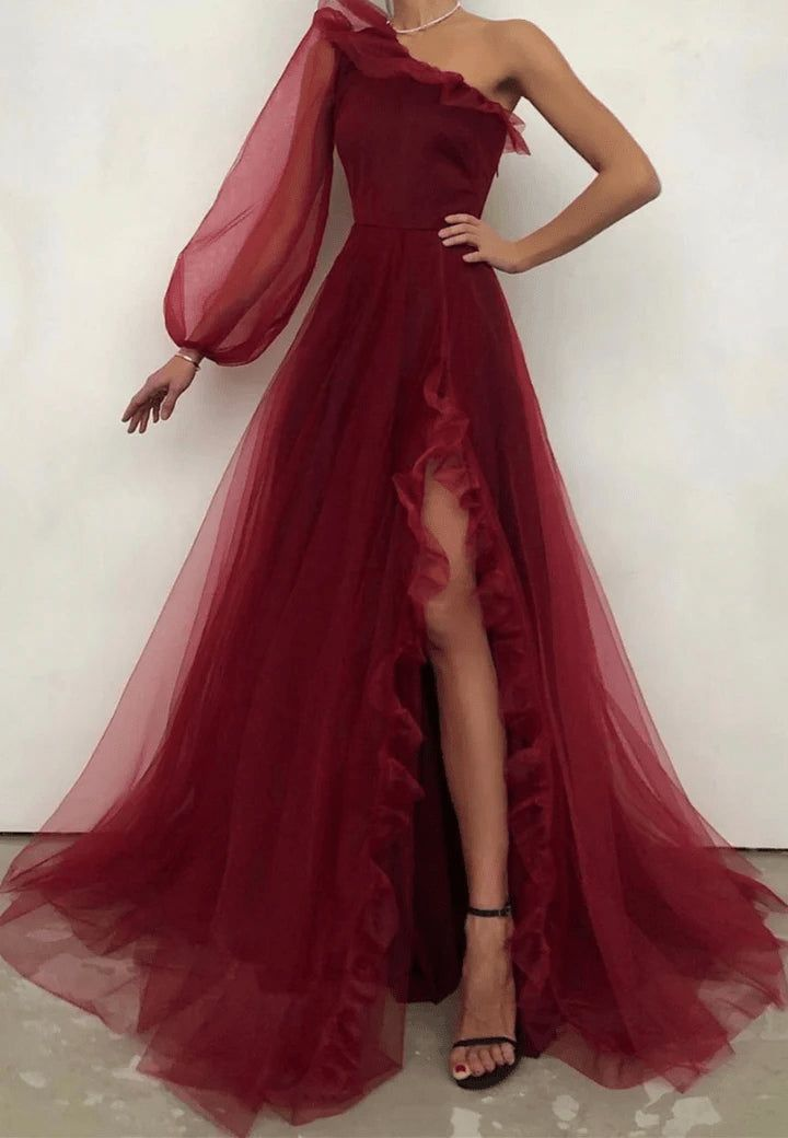Burgundy One Shoulder Tulle Slit Pleated Evening Dress A Line Party Prom Dress