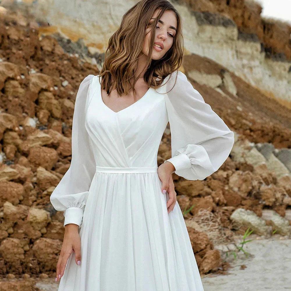 Puff Sleeve Wedding Dresses Women Vestido De Novia Long Chiffon Elegant V-Neck A-Line Backless Bridal Gown Robe Mariée (ZD13336)